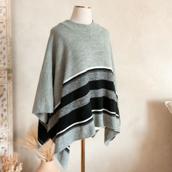 Women’s The Limited‎ Wool Blend Black and Gray Stripe Poncho One Size - Picture 1 of 8